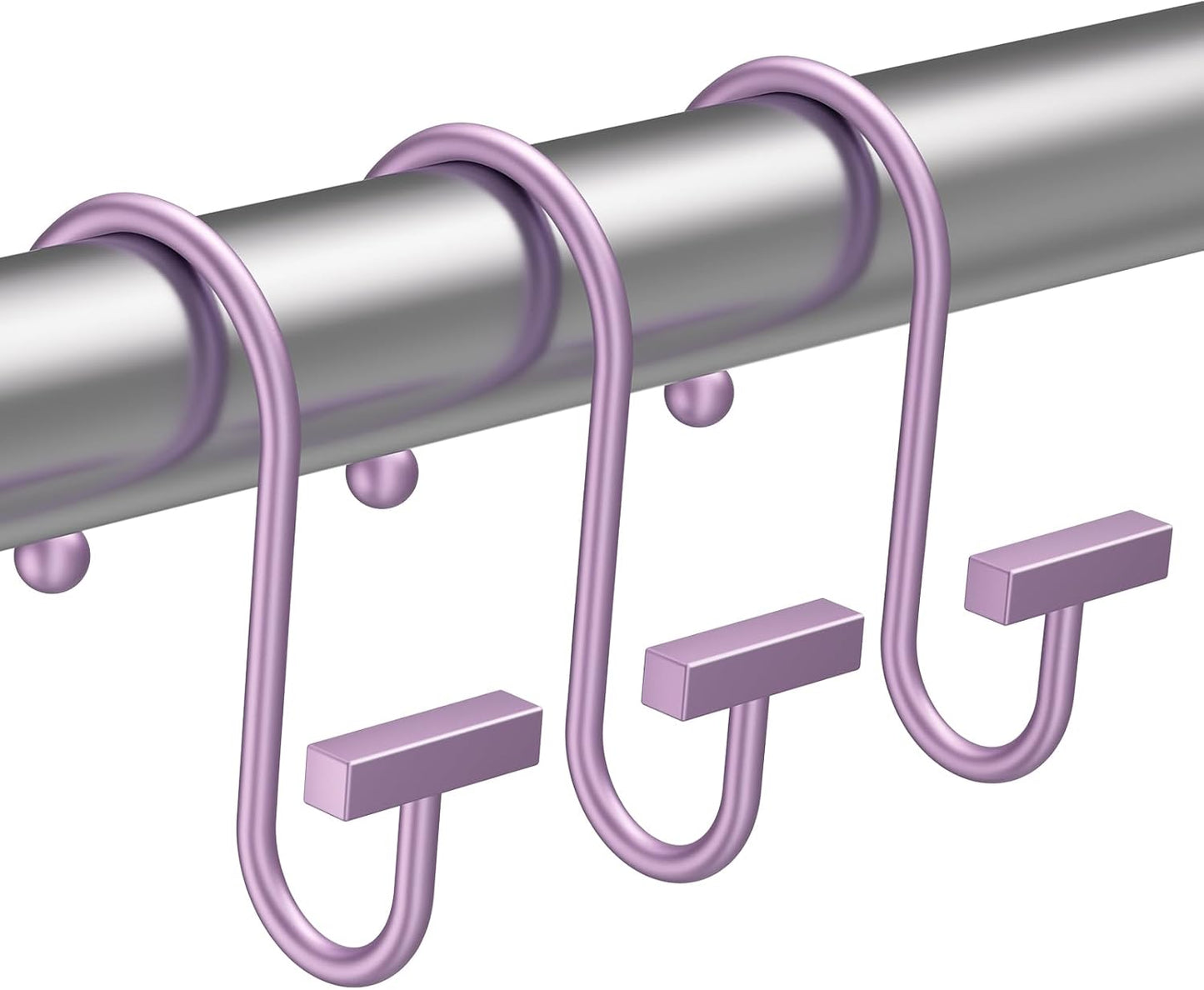 Purple shower curtain hooks on a silver rod against a white background
