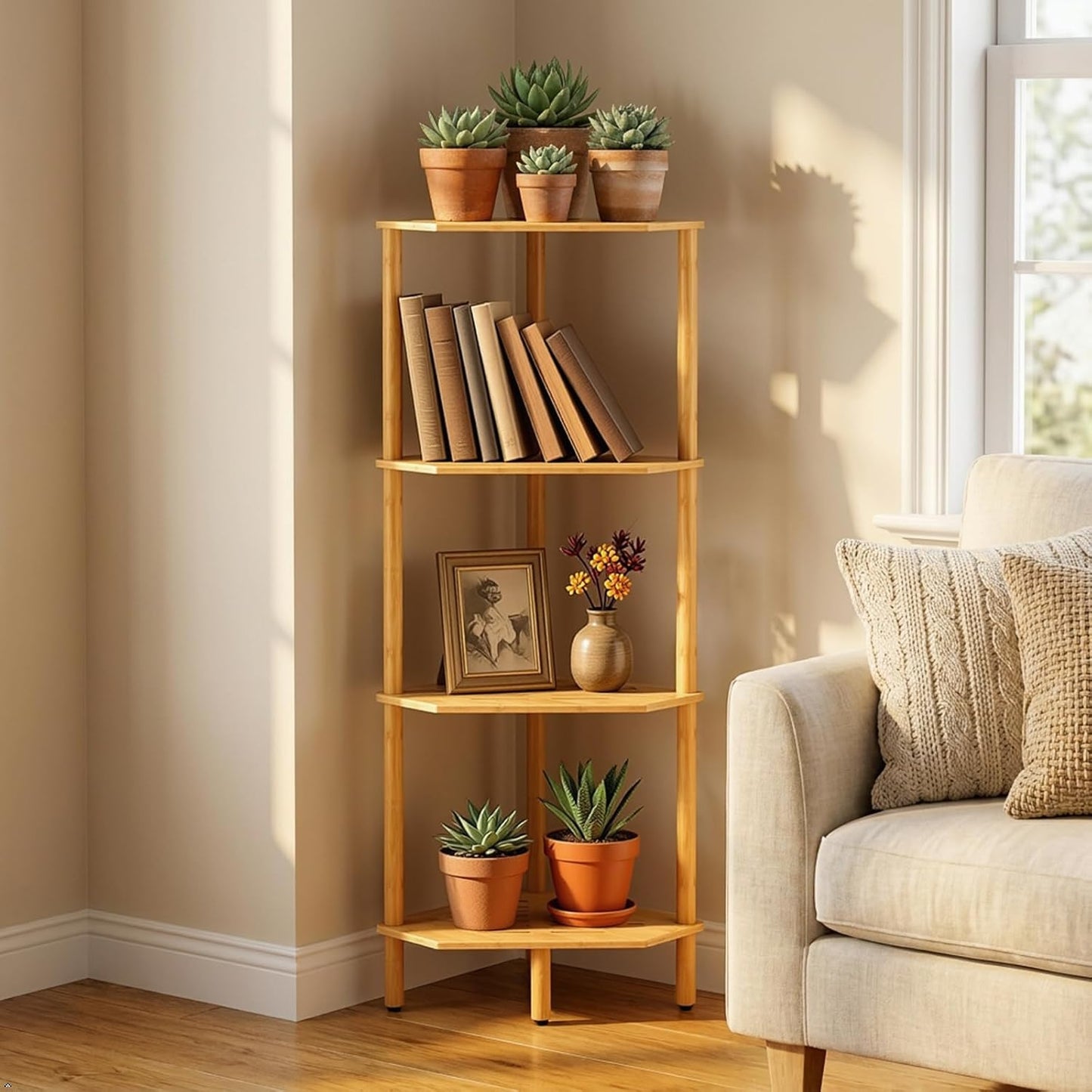 Bamboo Corner Bookshelf, Standing Shelf Atoping