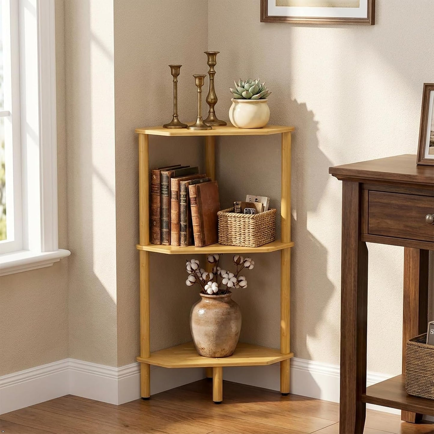 Bamboo Corner Bookshelf, Standing Shelf Atoping
