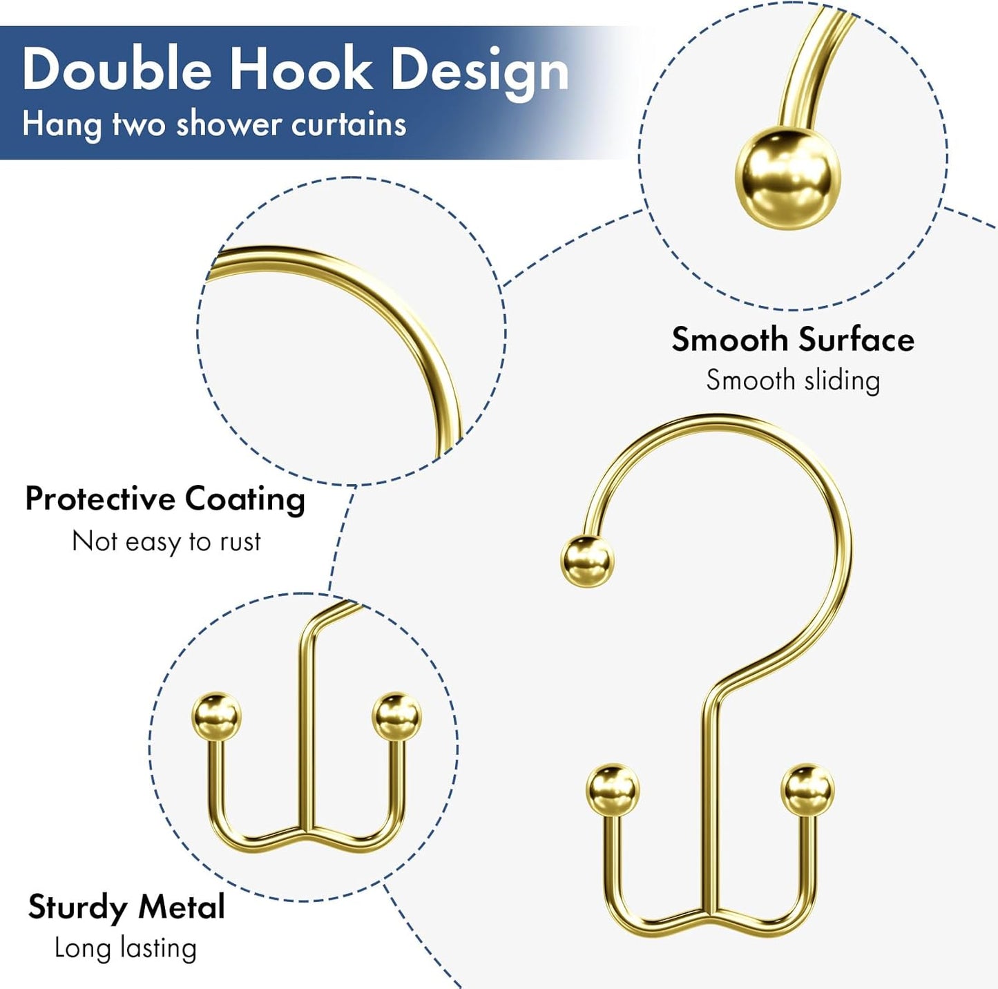 Bathway Double-Sided Shower Curtain Hooks, 3-Prong Style