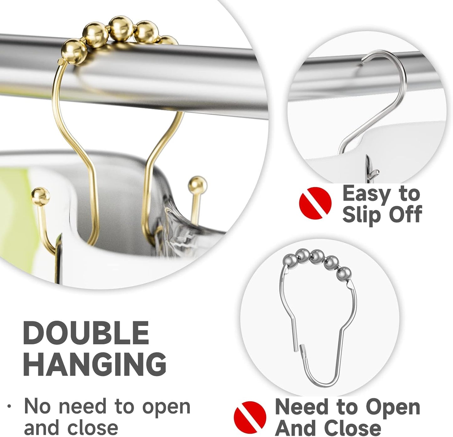 Bathway Double Shower Curtain Hooks, Balanced Design