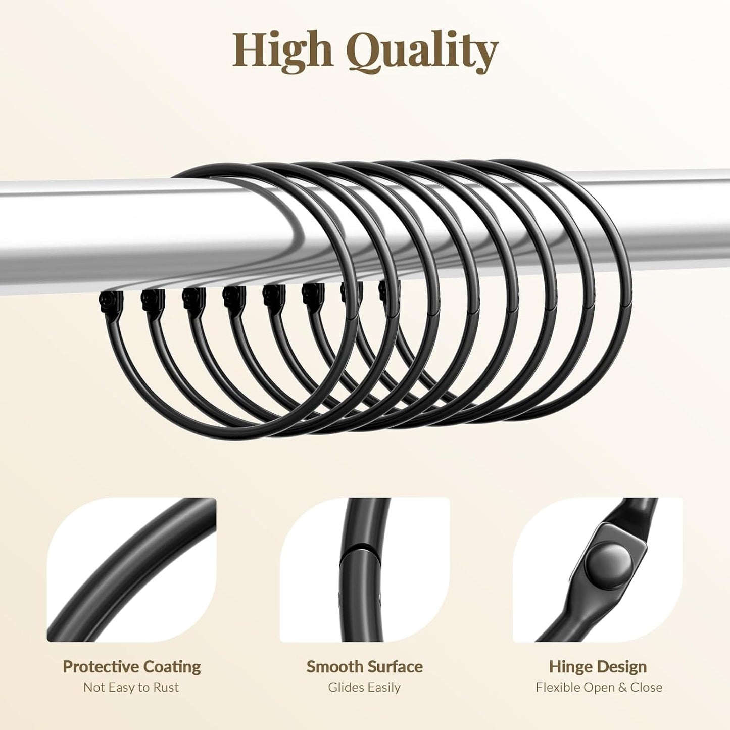 Set of black curtain hooks on a silver rod with 'High Quality' text and feature highlights.