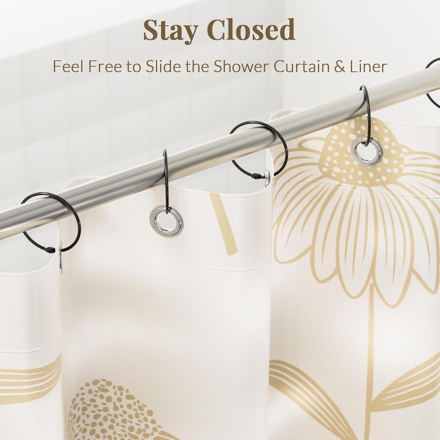 Shower curtain with floral design and metal rod with hooks on a white background