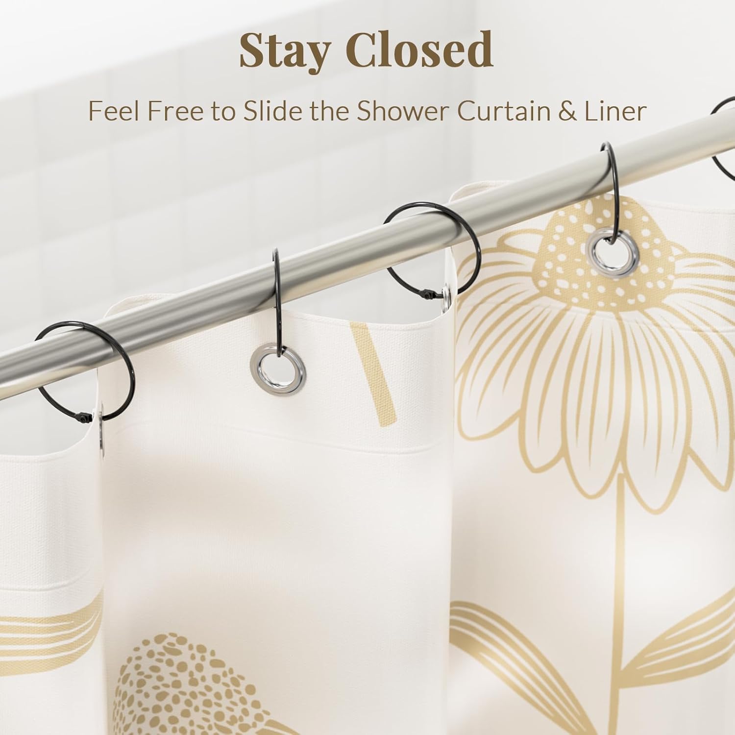 Shower curtain with floral design and metal rod with hooks on a white background