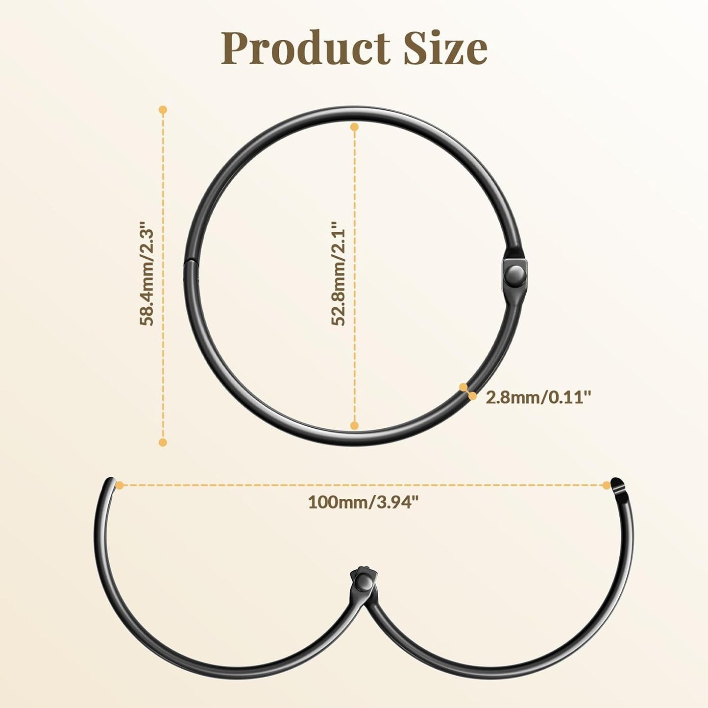 Measurement chart of a black circular product with dimensions labeled.