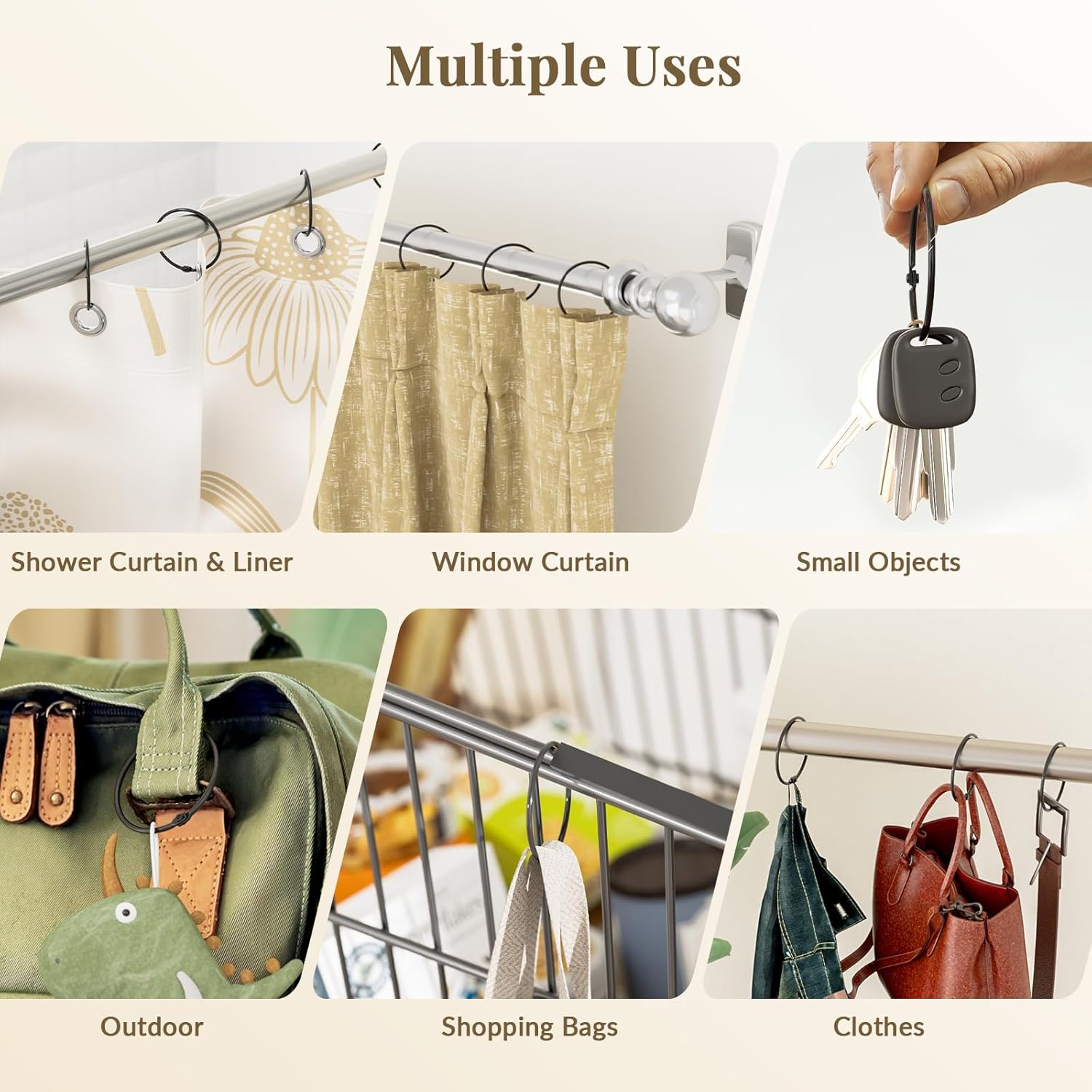 Collage of various uses for shower curtain hooks including shower curtain, window curtain, keys, outdoor bag, shopping bags, and clothes.