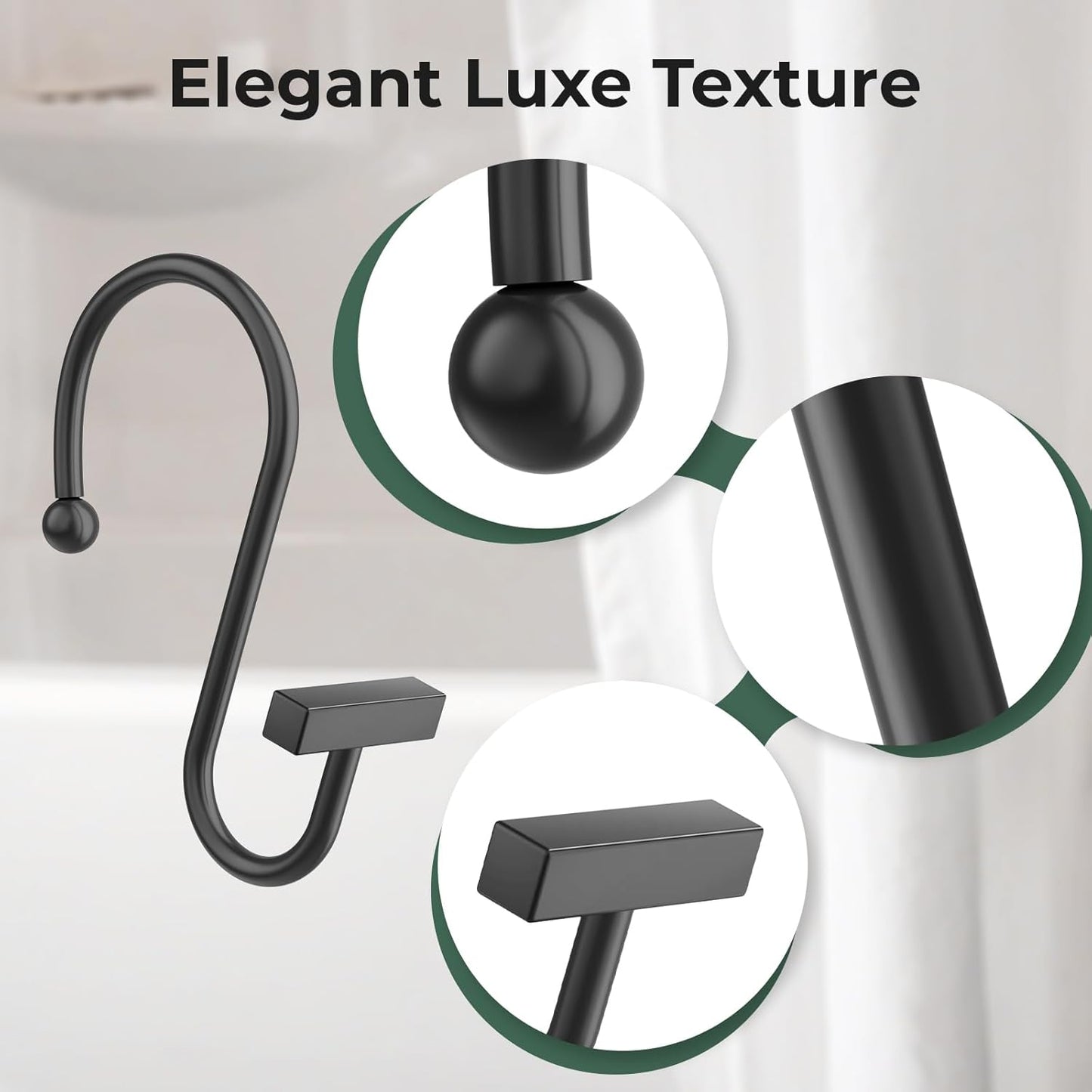Black curtain hooks with 'Elegant Luxe Texture' text on a white background