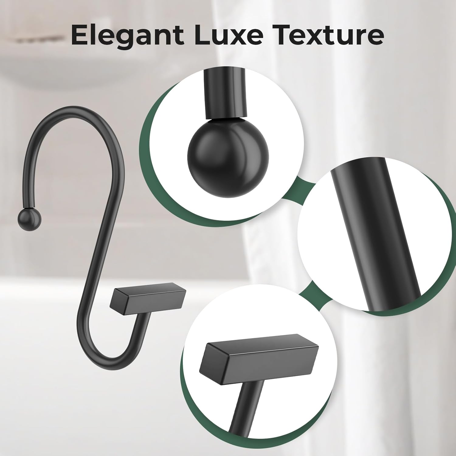 Black curtain hooks with 'Elegant Luxe Texture' text on a white background