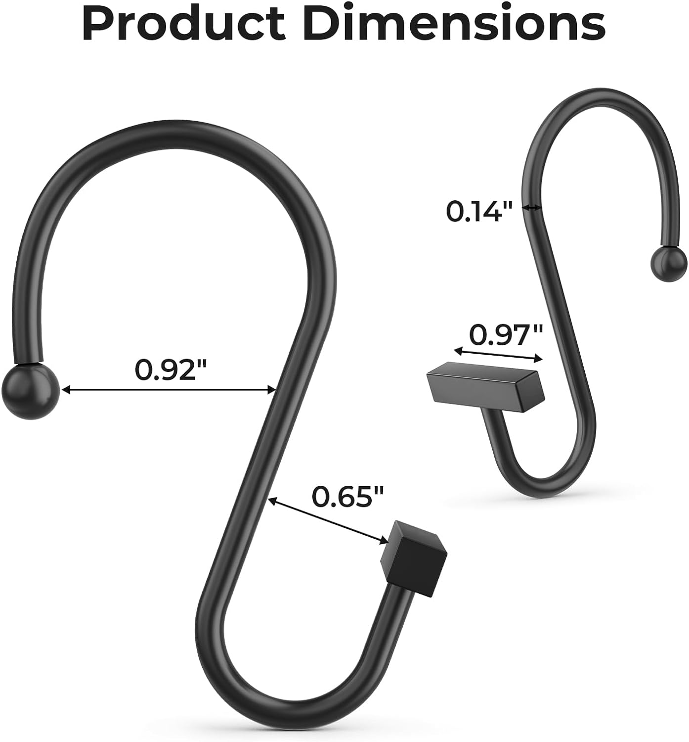 Black metal hook with dimensions labeled on a white background