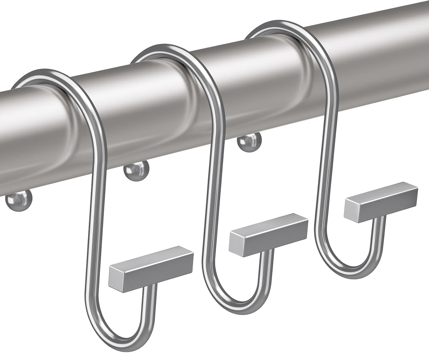 Metal curtain rod with hooks on a white background