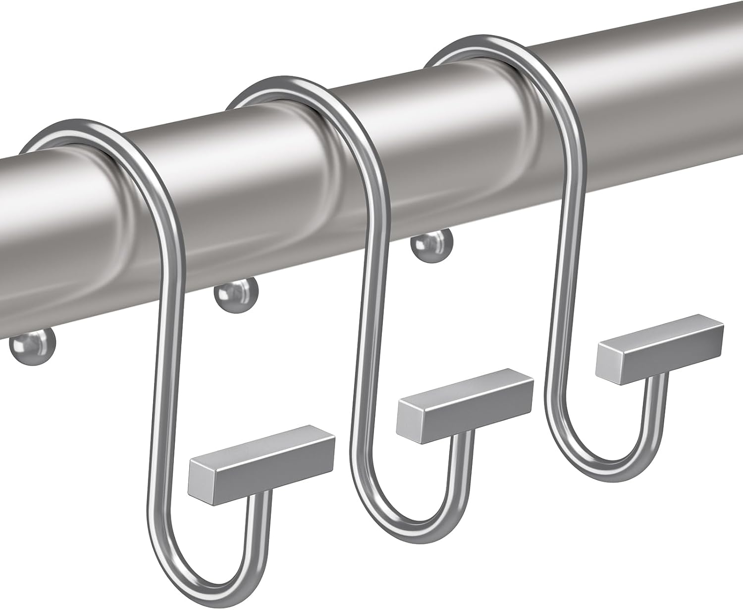 Metal curtain rod with hooks on a white background