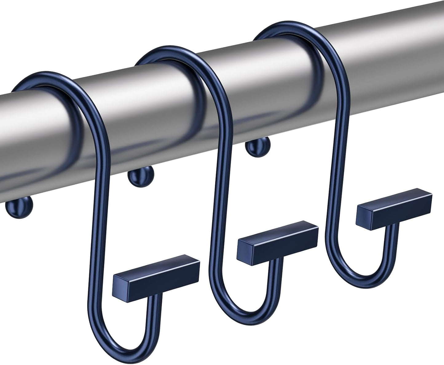 Blue shower curtain hooks on a silver rod against a white background