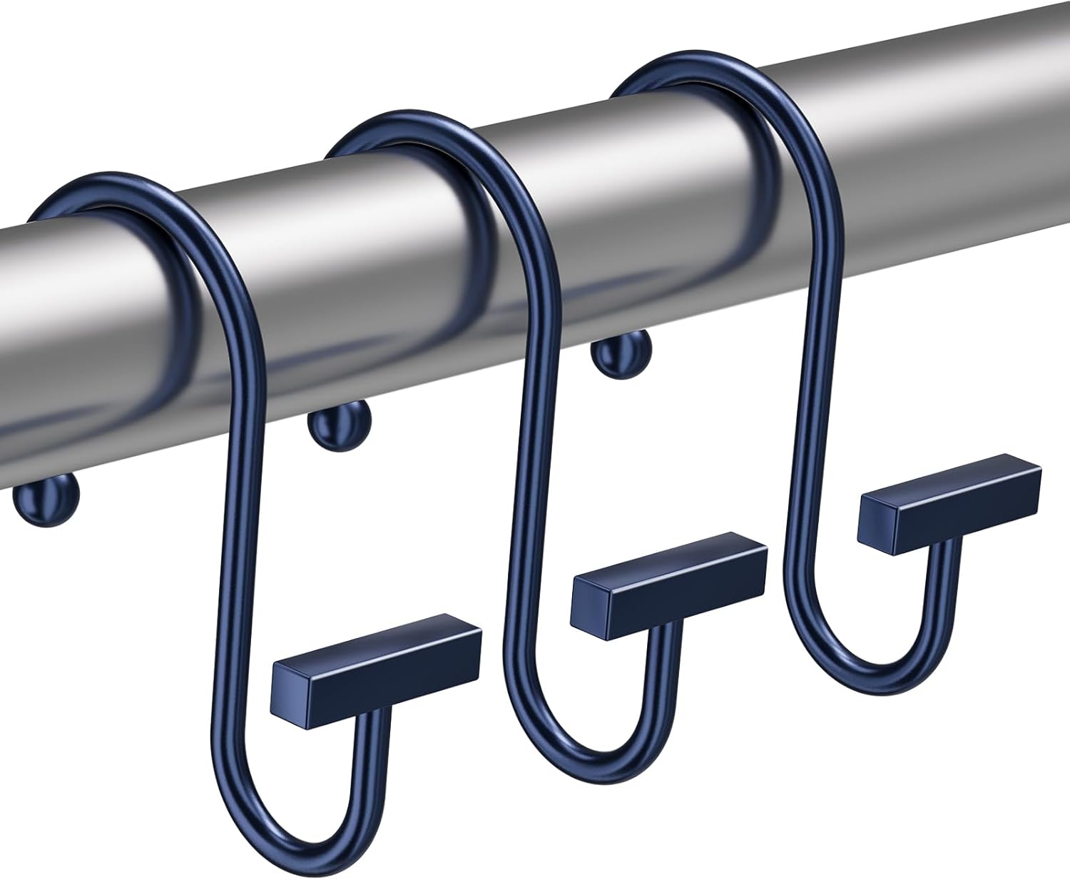 Blue shower curtain hooks on a silver rod against a white background
