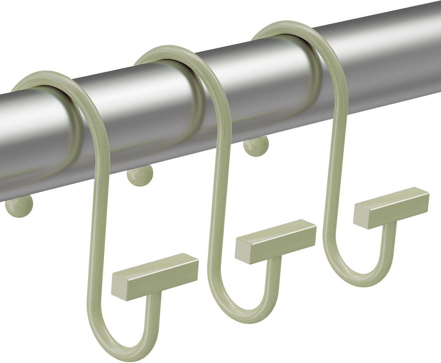 Curtain hooks on a metal rod with a white background