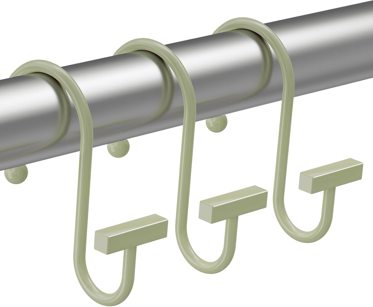 Curtain hooks on a metal rod with a white background