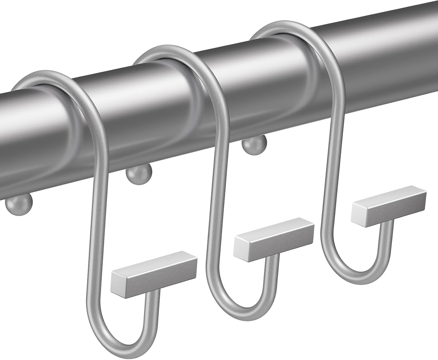 Metal curtain rod with hooks on a white background