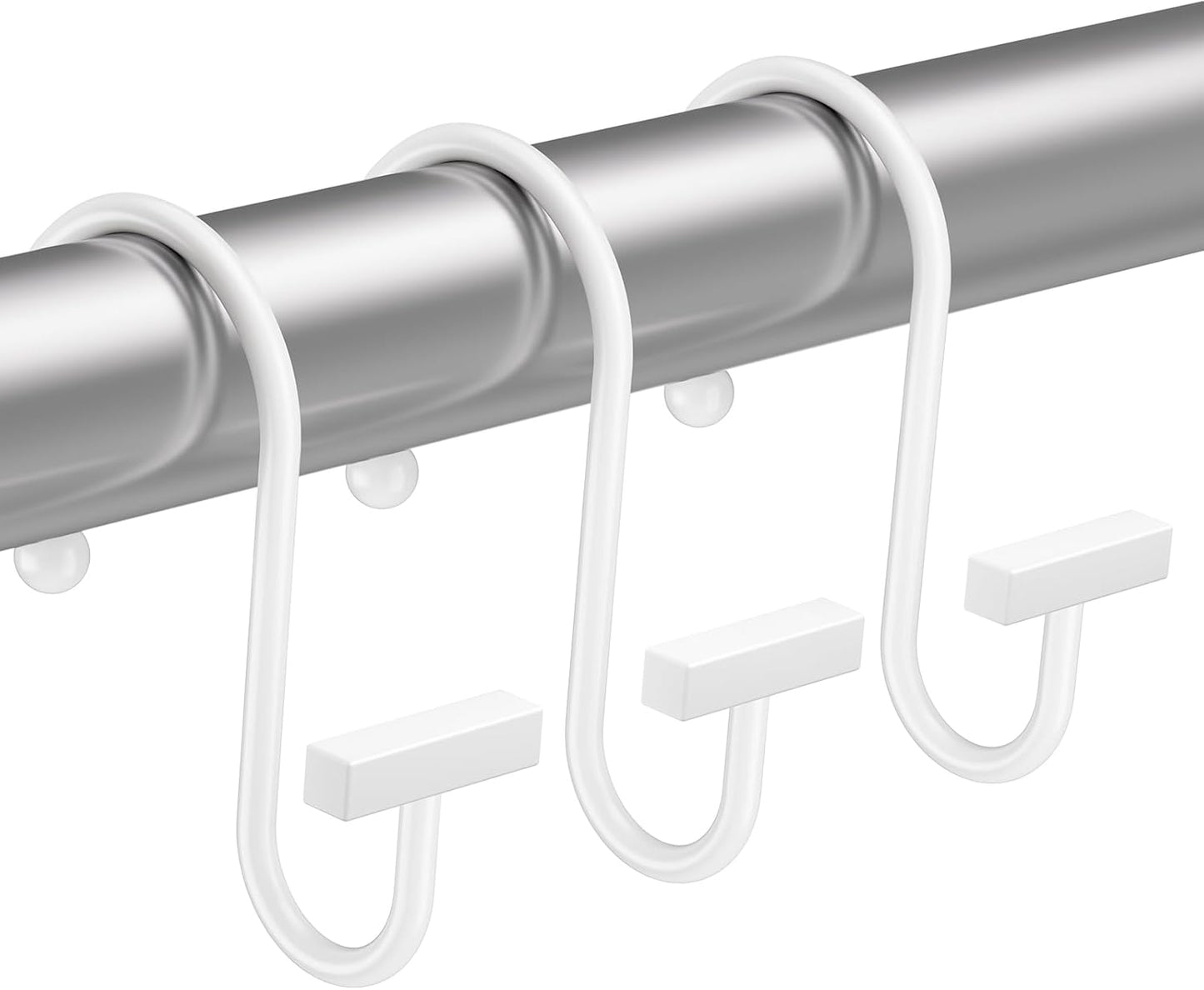 White shower curtain hooks on a silver rod against a white background