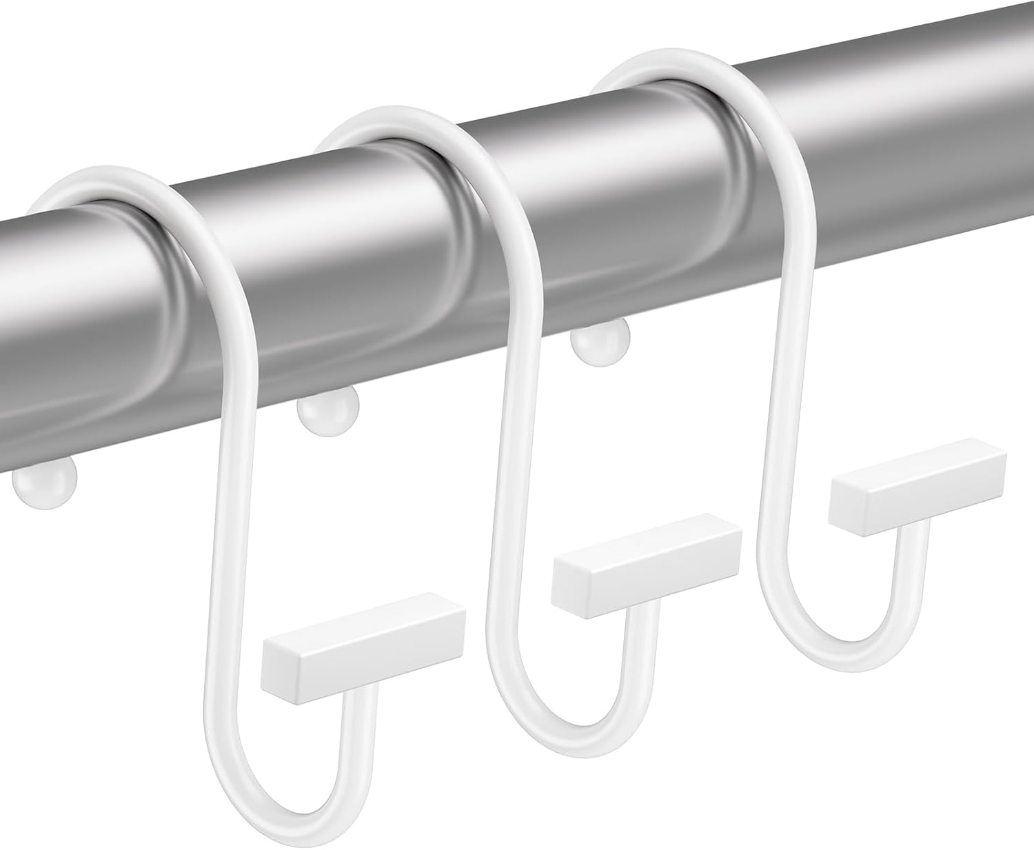 White shower curtain hooks on a silver rod against a white background